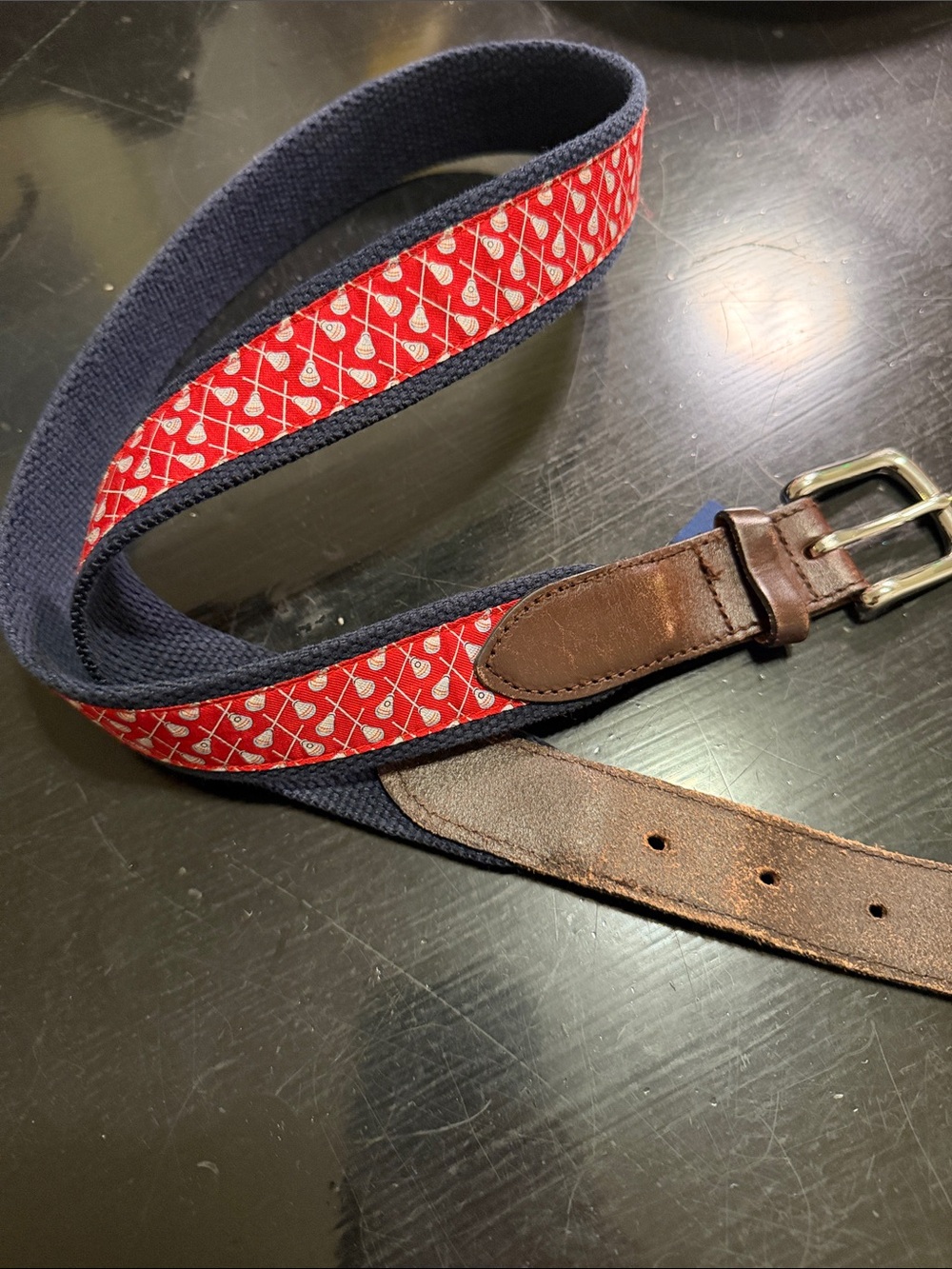 Vineyard Vines Navy and Red Golf Motif Web Belt with Brown Leather Trim
